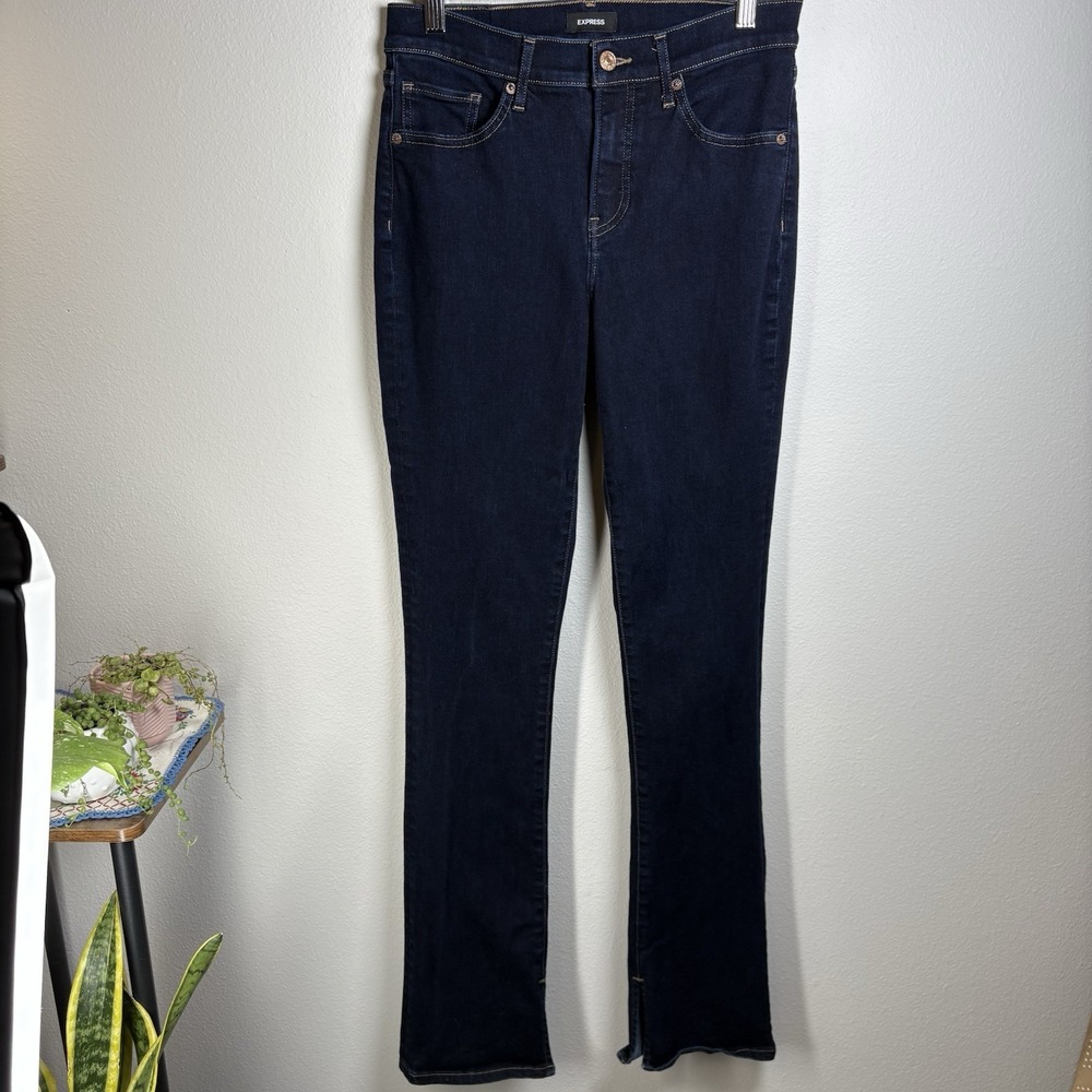 Express Womens 6R Blue Skyscraper Jeans Mid Rise Flare Slit Hem Stretch Denim